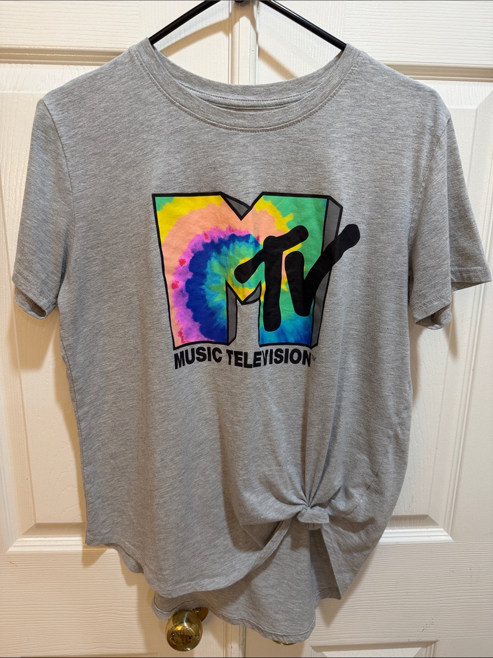 MTV Gray Tee with Rainbow Tie-Dye Logo